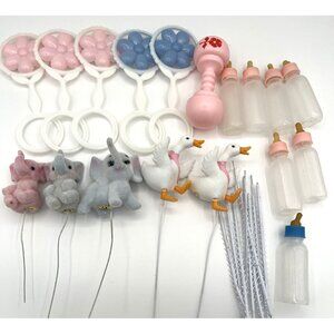 Vintage Baby Shower Decorations Rattles Bottles Flocked Animals Party Decor READ
